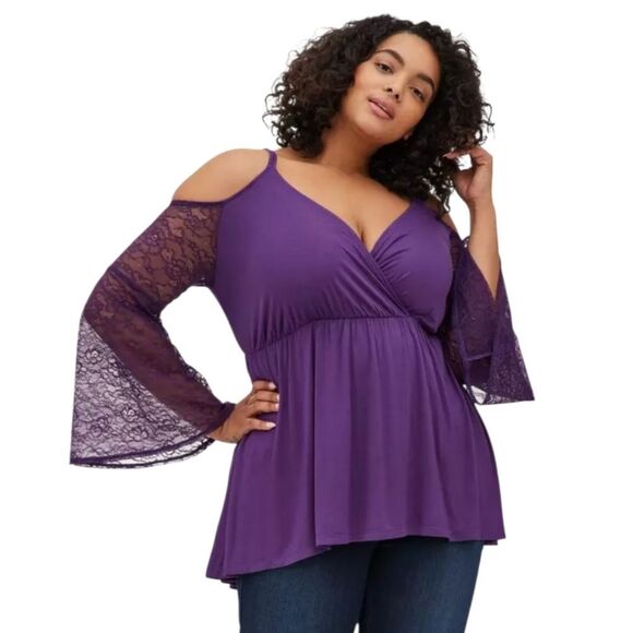 Torrid Babydoll Super Soft Surplice Cold Shoulder Lace Bell Sleeve Top NEW - Picture 1 of 13